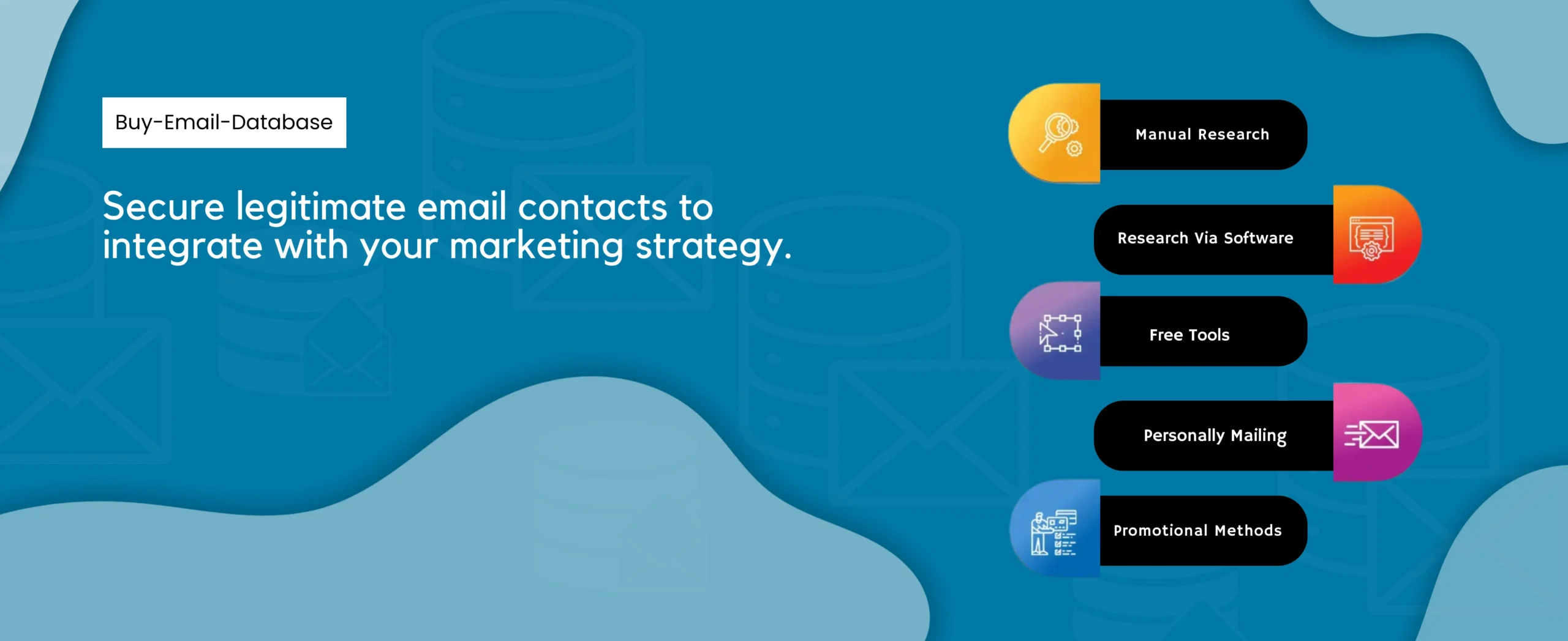 Blue marketing graphic highlighting Buy-Email-Database and Secure legitimate email contacts to seamlessly integrate with your strategy. Icons include Manual Research, Research Via Software, Free Tools, Personally Mailing, and Promotional Methods—essential for effective email lead generation.