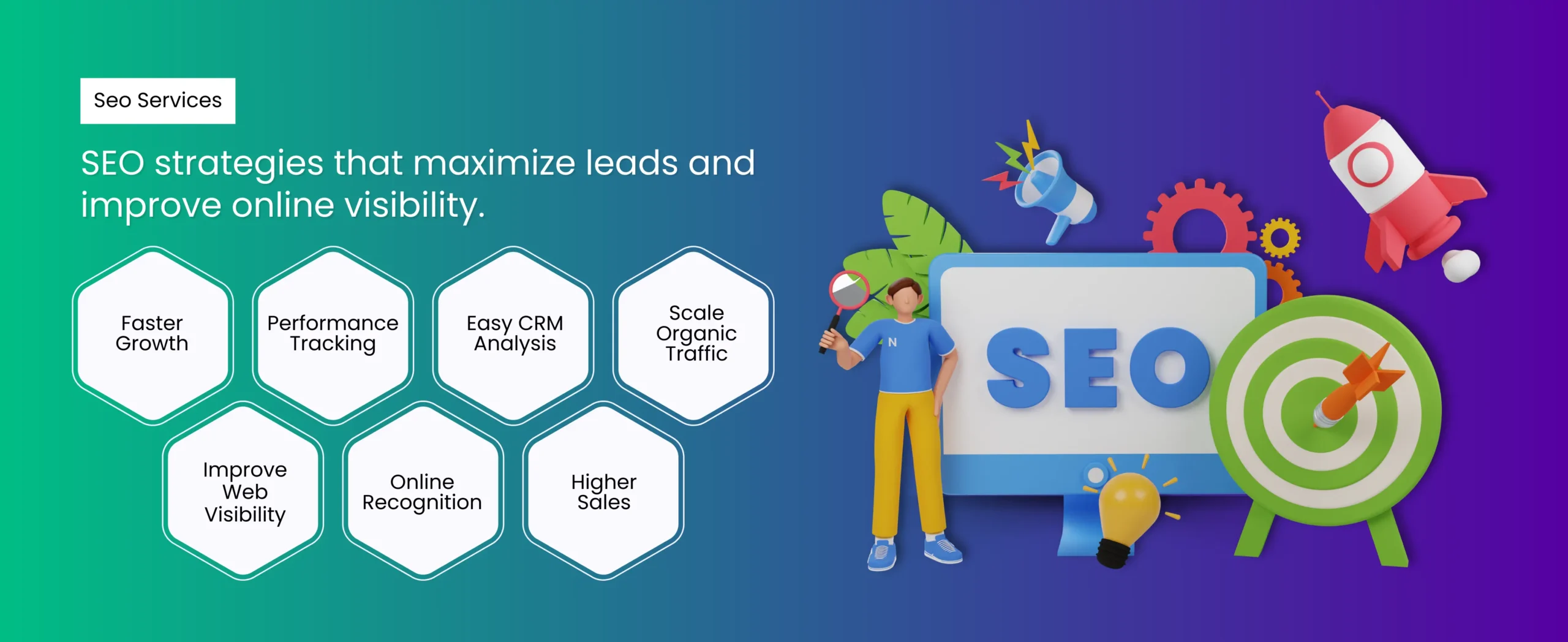 A digital illustration featuring SEO services for businesses. A person stands near a computer screen displaying the word SEO, surrounded by icons like a rocket and target. Text highlights benefits such as faster growth, performance tracking, higher sales, and effective organic search optimization.