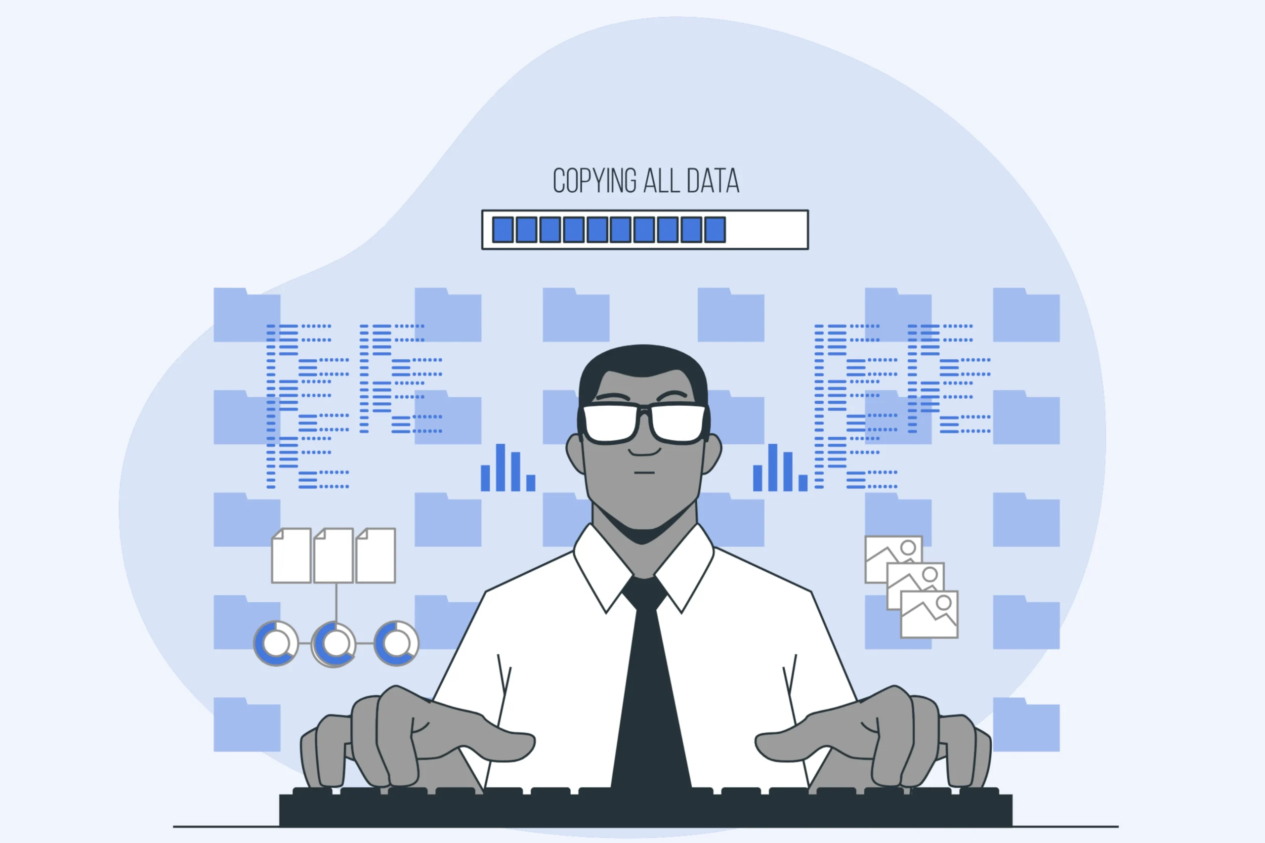 An illustration depicts a person in glasses and a tie typing on a keyboard. Behind them, icons of folders and graphs hint at Internet Data Mining services, with a progress bar above labeled COPYING ALL DATA. The color scheme is blue and white, emphasizing the digital theme.