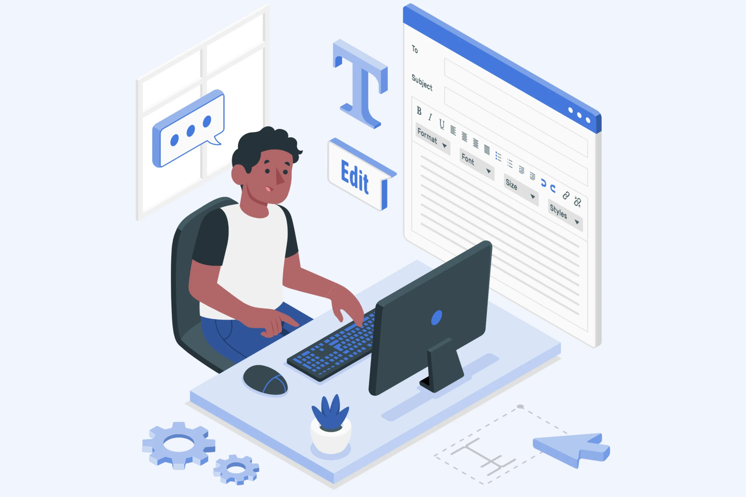 An illustration of a person sitting at a desk using a computer, typing on a keyboard with a large screen displaying a text editing program. Digital icons and interface elements, including content moderation services, surround the scene, indicating a trusted writing or editing environment.