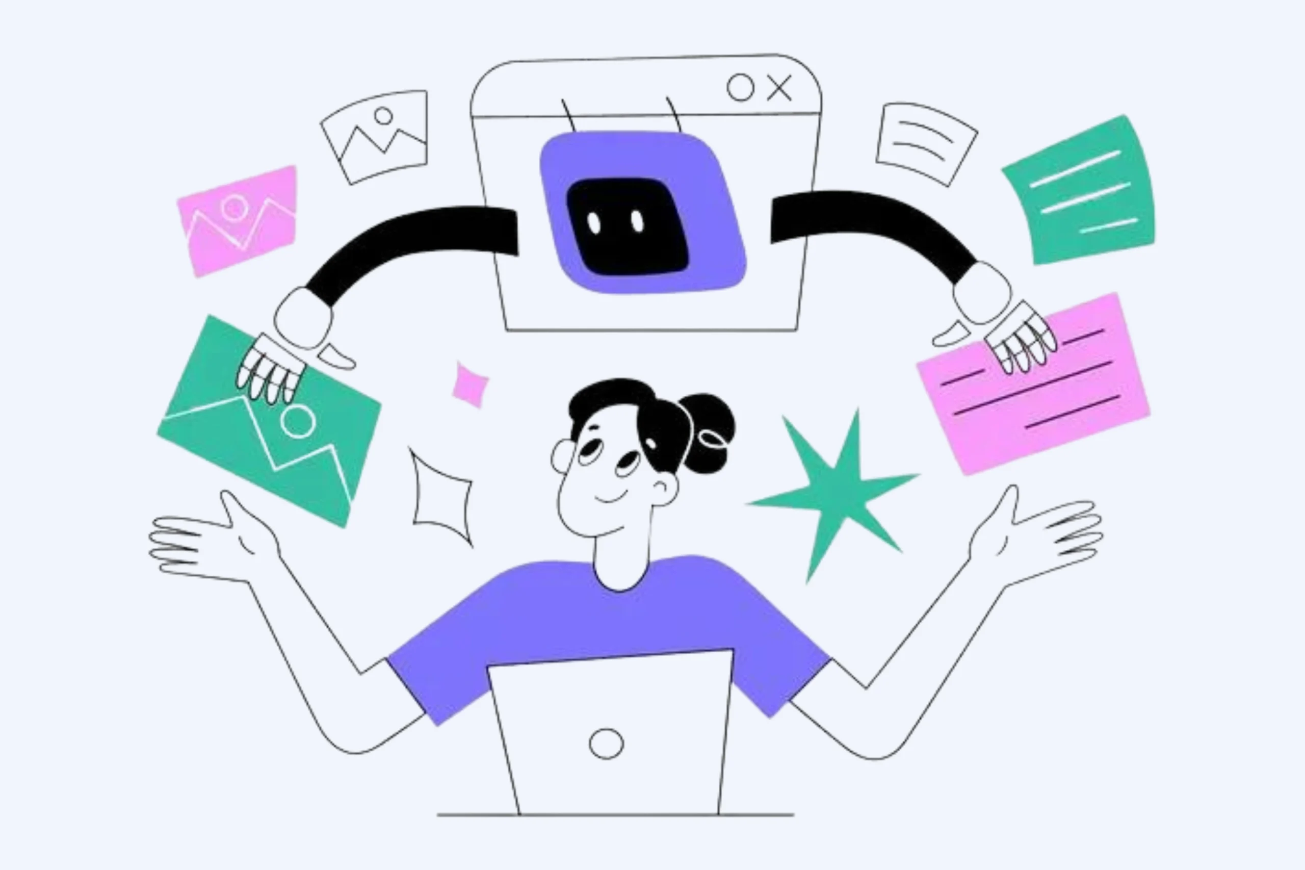 An illustration depicts a person at a laptop with raised hands, assisted by a computer window featuring robotic arms holding documents, symbolizing multitasking or digital assistance. Colorful graphic elements emphasize the concept of Data Regeneration Services enhancing workflow efficiency.