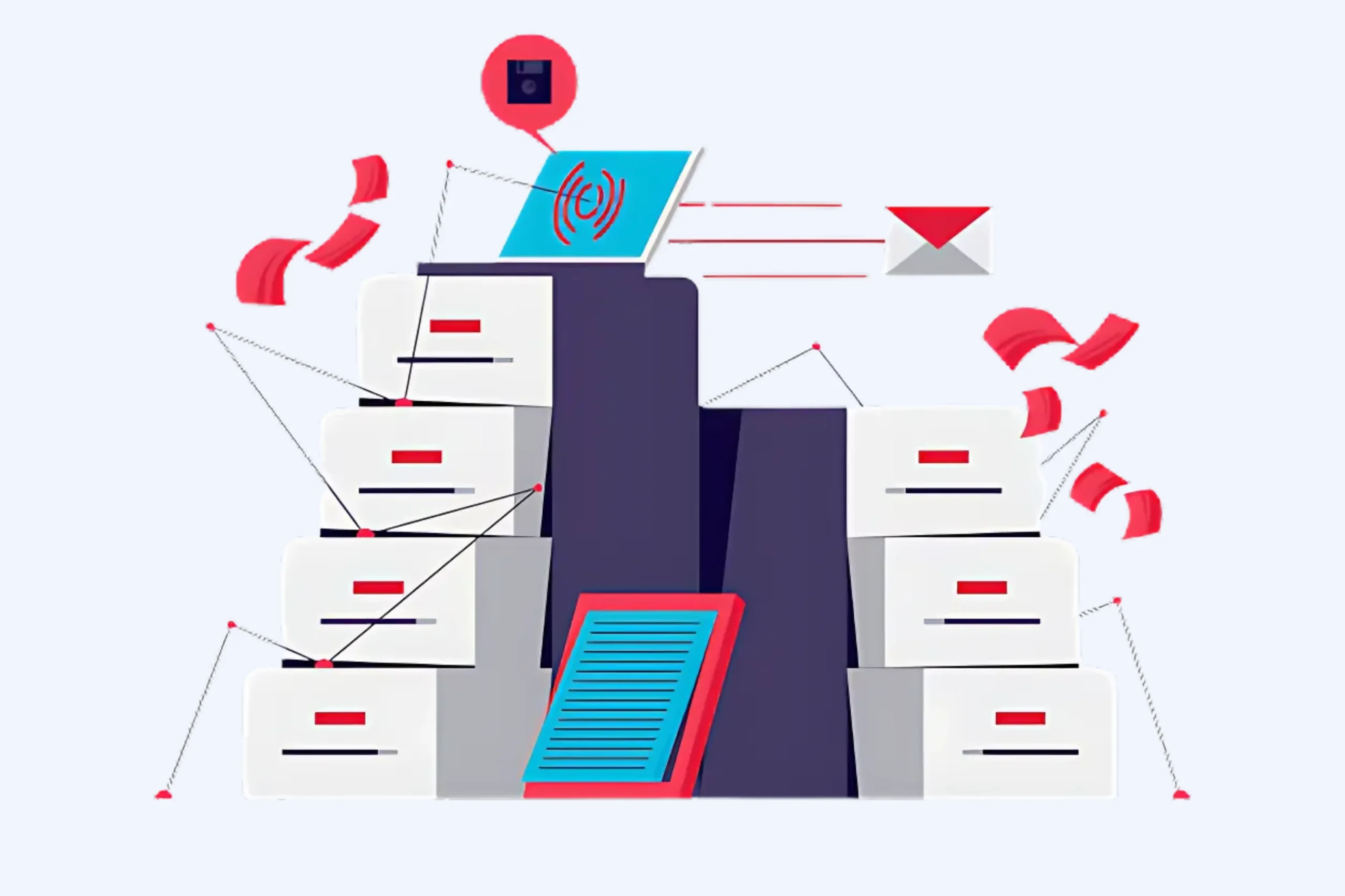 Illustration of a digital network with interconnected servers, files, and communication symbols like envelopes and signal icons. Zentralisiert sind abstrakt gestapelte Serverboxen und Geräte mit verbindenden Linien und roten Symbolen, ideal für Outsource Data Deduplication.
