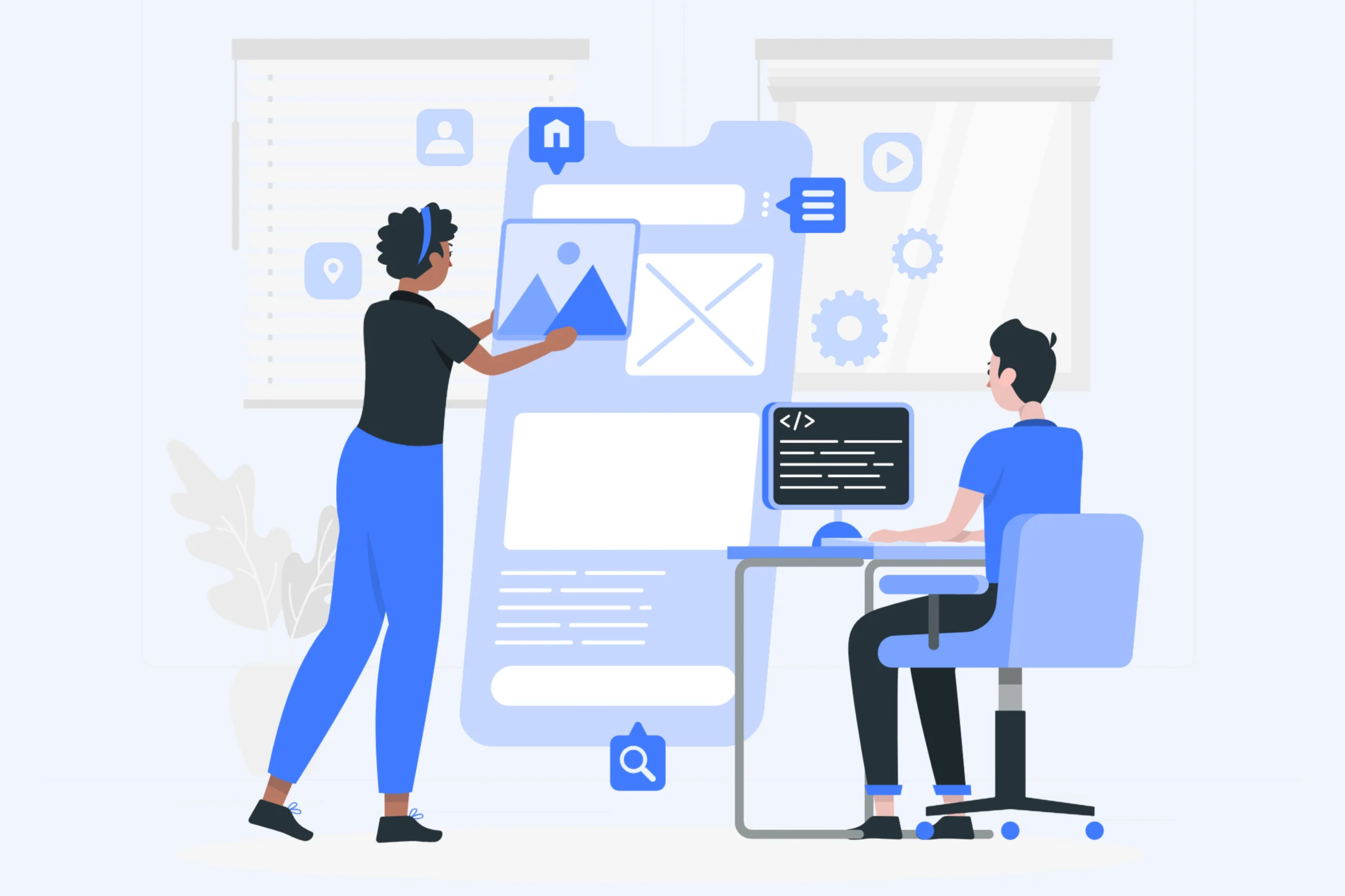 Two people collaborate on a mobile app prototype. One adjusts a picture icon on the screen, while the other types at a desk. Surrounded by app icons and settings symbols, they're immersed in creating innovative Android App Development Services.