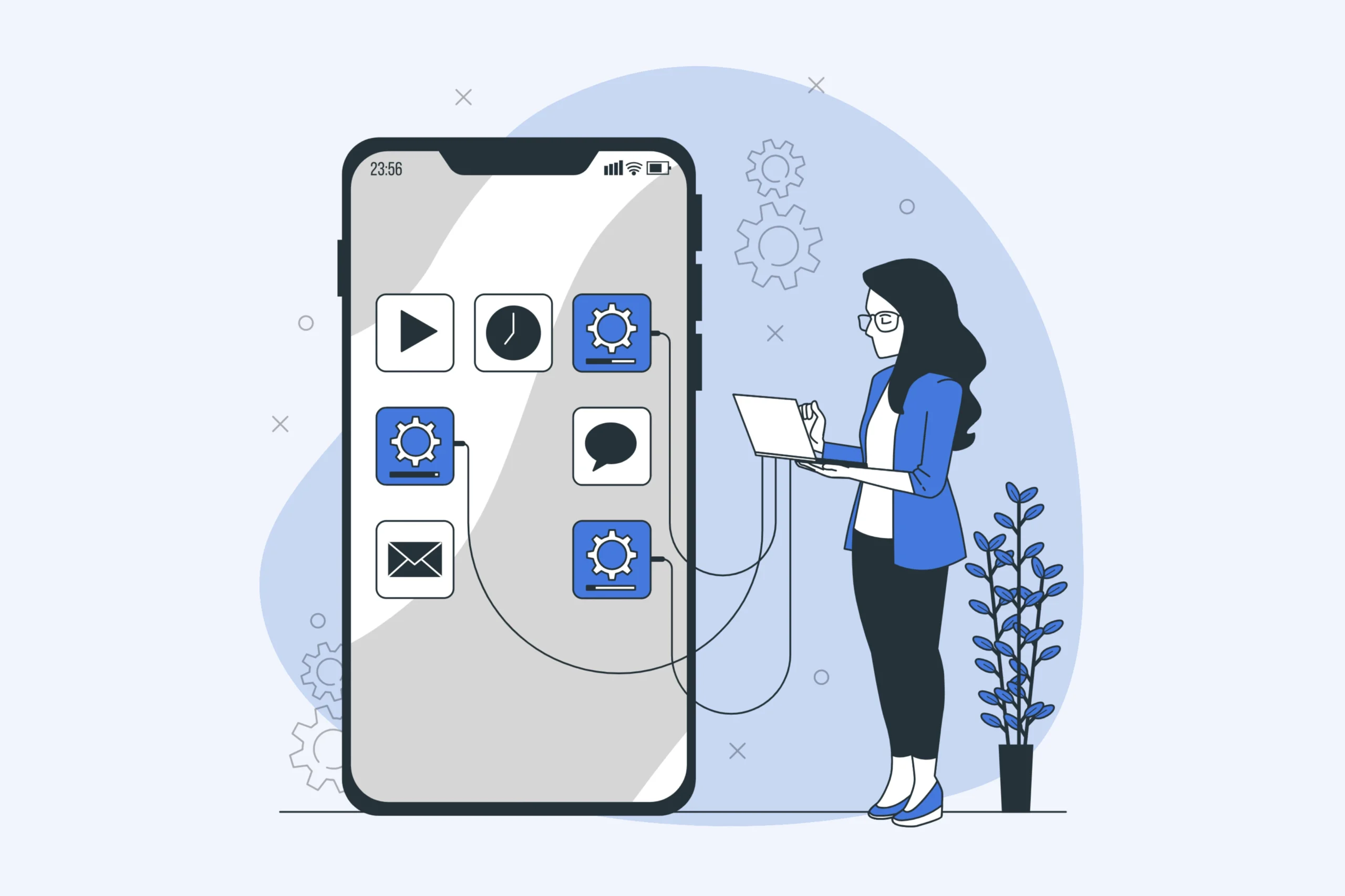 Illustration of a woman with a laptop connected to a large smartphone displaying various app icons. She appears to be configuring or updating the apps, representing iOS App Development. A small plant is beside her, and gears are visible in the background, suggesting technology.