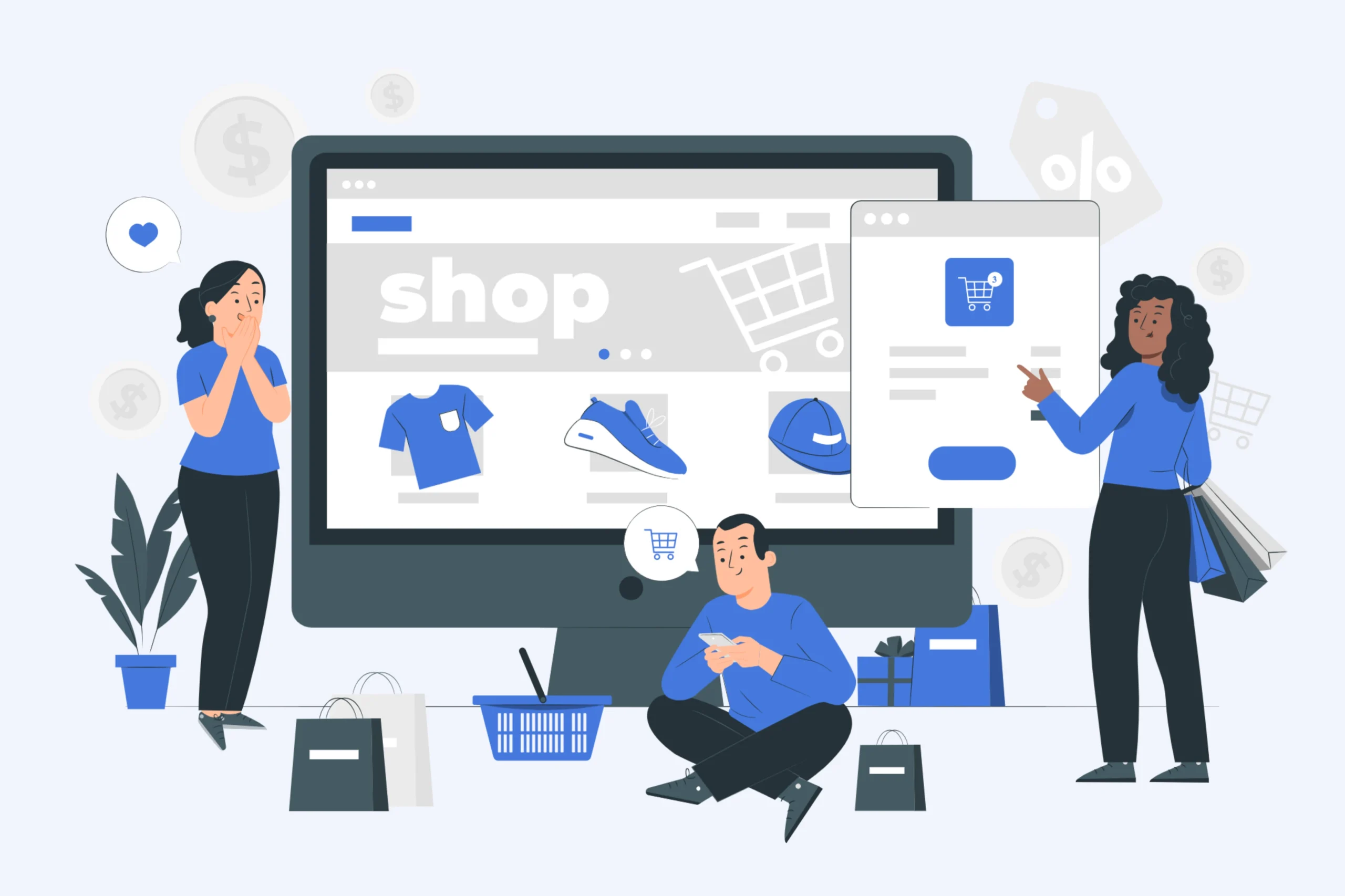 Illustration of three people interacting with an online shopping website. A large monitor displays clothes and shoes, embodying OpenCart Web Development. One person sits with a phone while another points at the screen, surrounded by shopping bags and boxes, conveying an e-commerce theme.