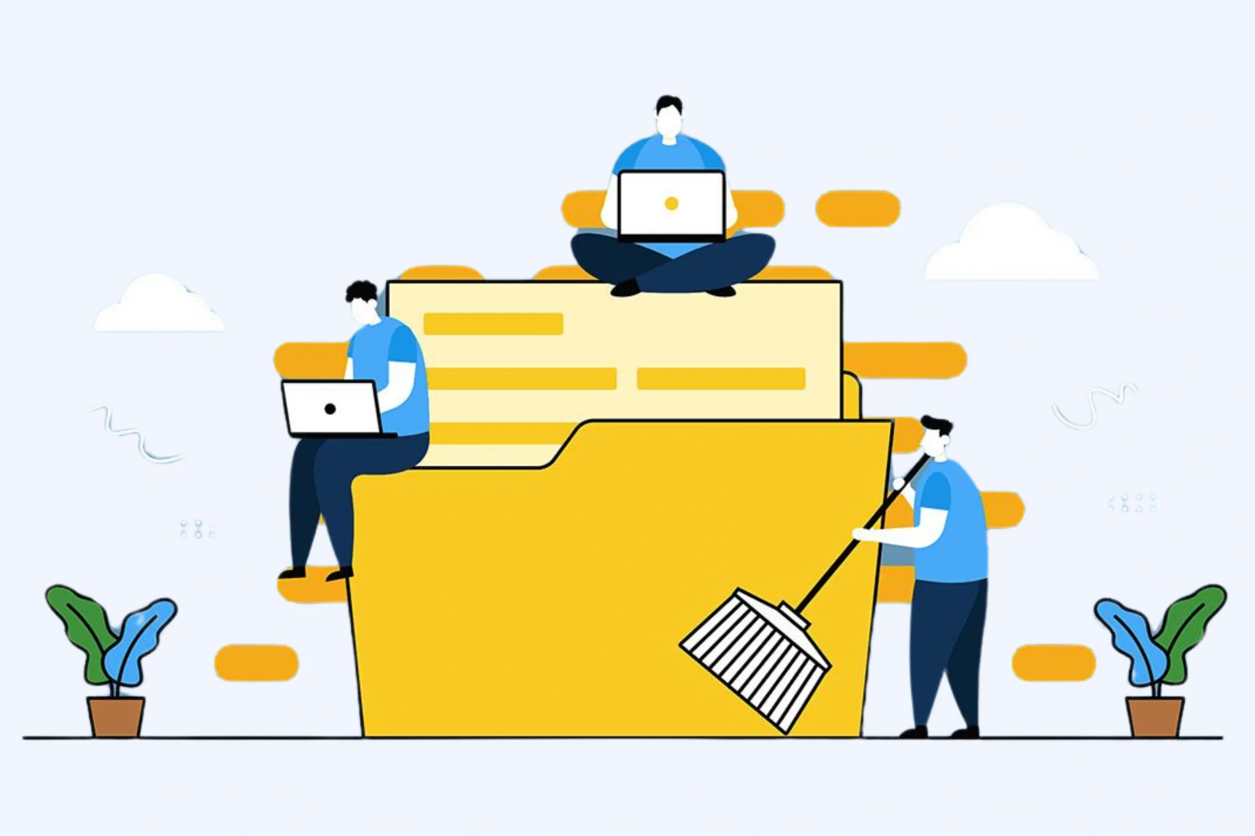 Illustration of three people interacting with a large yellow folder. One sits on top with a laptop, another stands with a laptop, while the third is sweeping as part of data cleaning. Plants are in the foreground, with clouds and abstract shapes in the background.