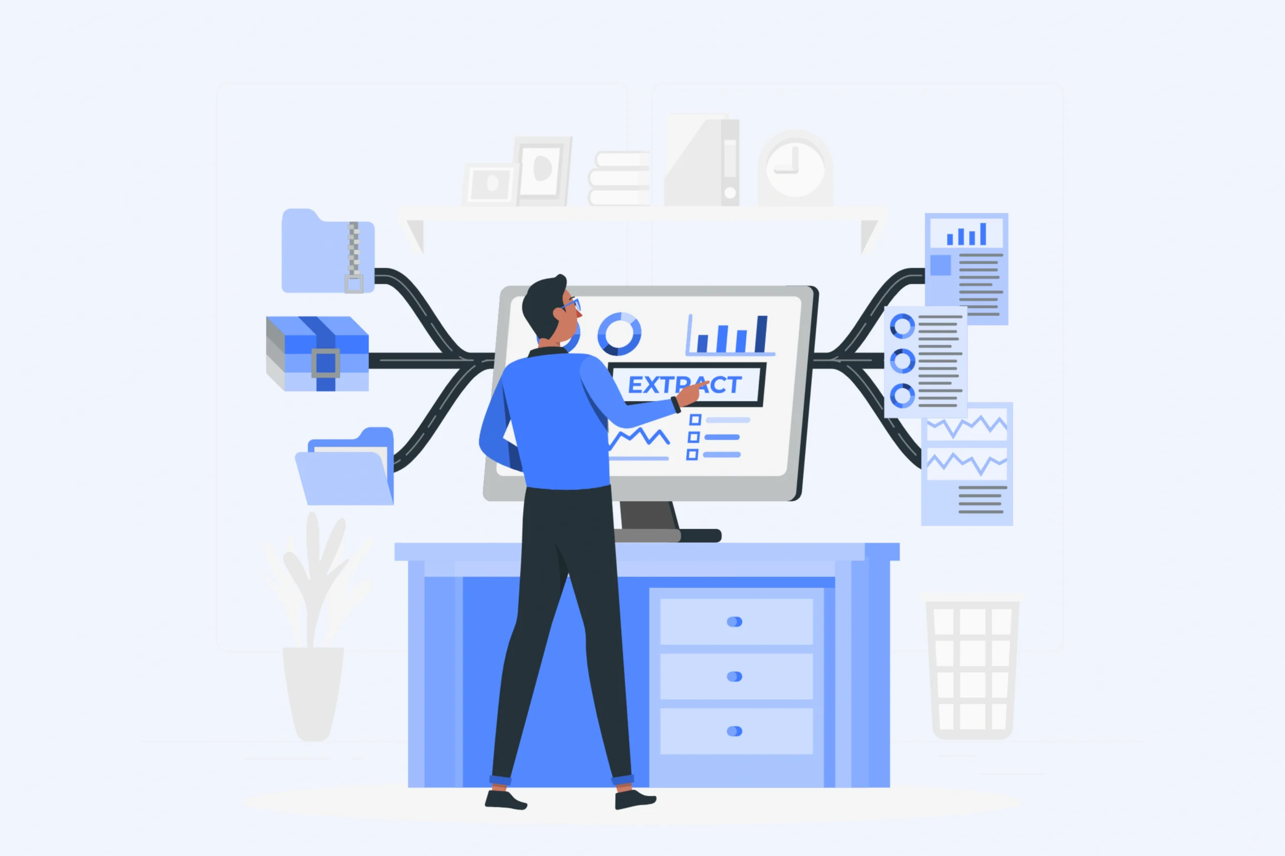 An illustration depicts a person at a desk, engaging with a computer that boldly displays the word EXTRACT. Various data charts and documents are linked via cables, symbolizing comprehensive data extraction services and analysis.