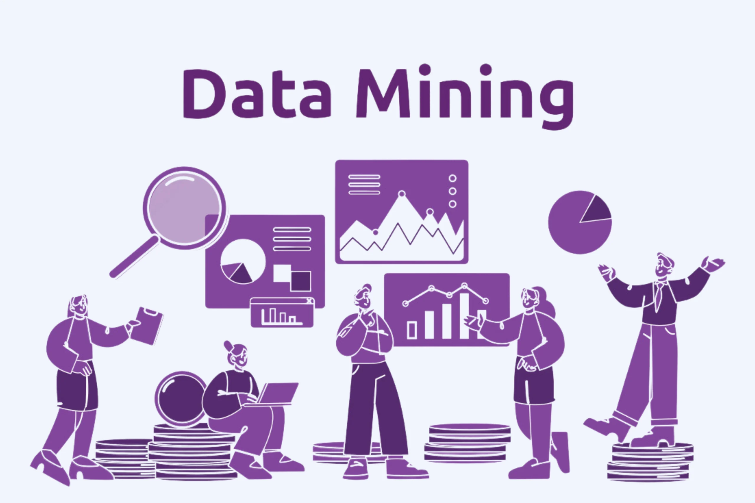 An illustration depicting data mining services, featuring people analyzing charts and graphs. They are surrounded by a magnifying glass, pie charts, bar graphs, and stacks of coins, all in shades of purple.
