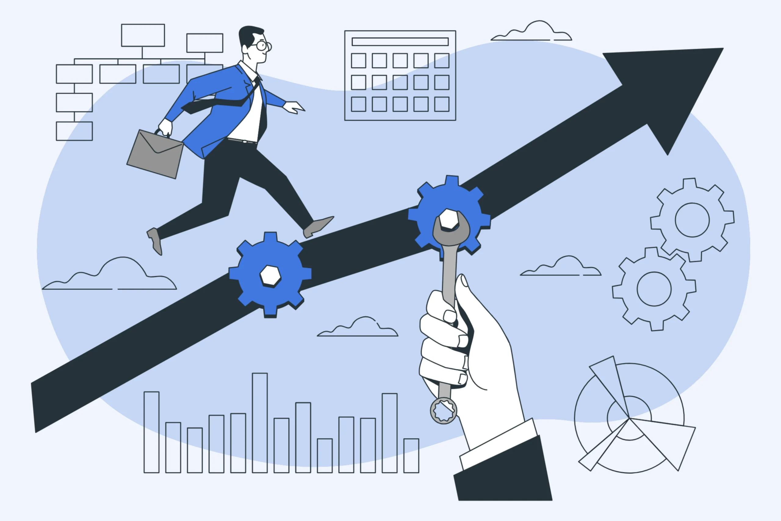 An illustration of a person in business attire sprinting up an upward arrow, epitomizing growth. A hand wields a wrench adjusting gears, set amidst graphs, charts, and clouds in the background, symbolizing strategic progress through Business Transformation Services.