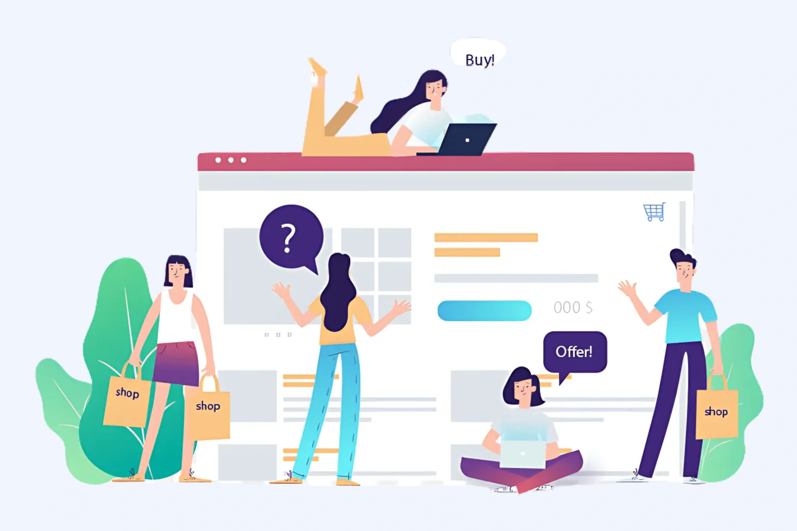 An illustration showcases people engaging with a giant web browser interface. One lounges on top with a laptop saying Buy!, another sits below with Offer!. Two others carry shopping bags, while the person in the center ponders a question mark—capturing the essence of ecommerce development services.