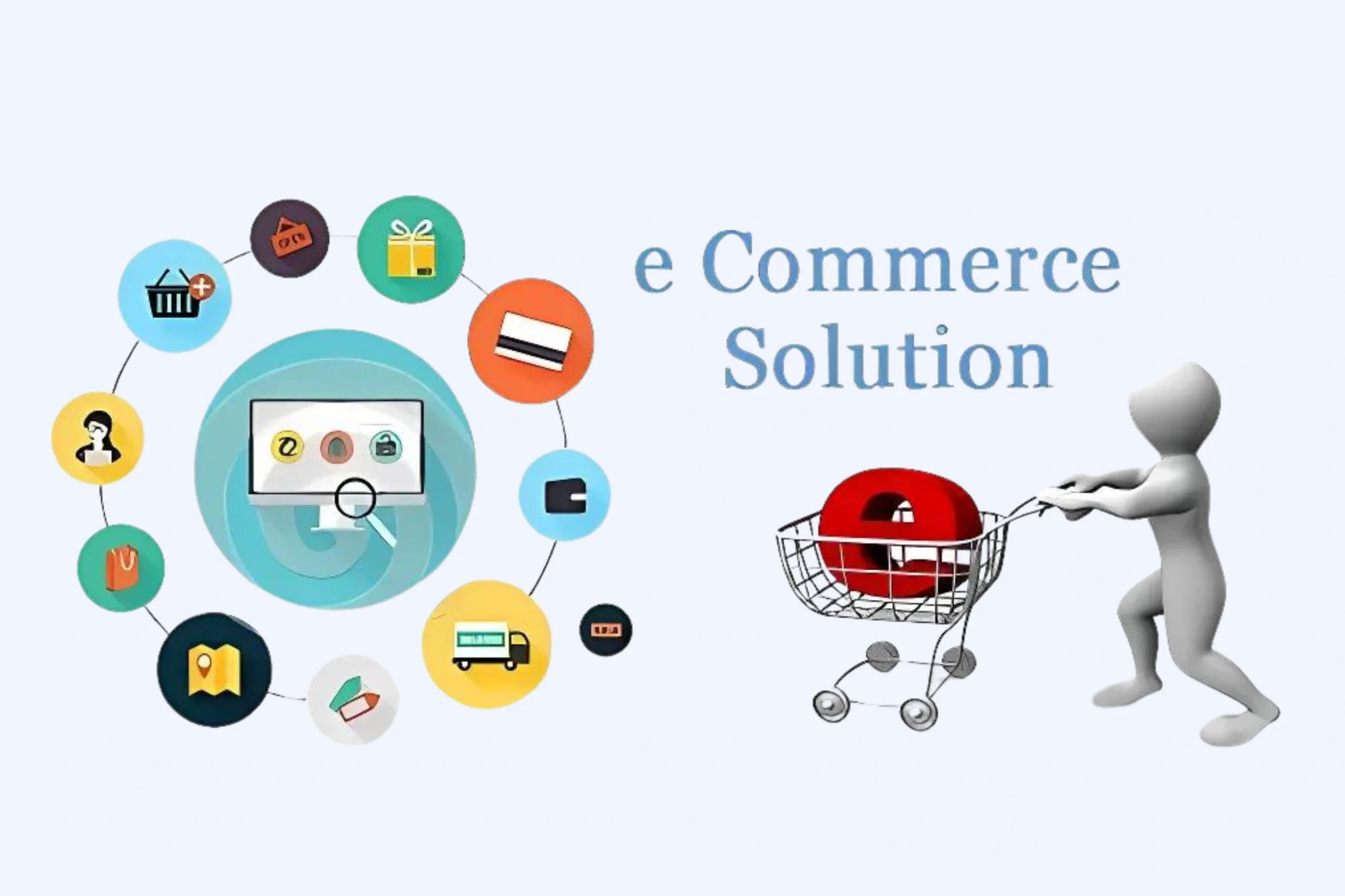 An illustration of E-Commerce Solutions shows a figure pushing a shopping cart filled with a red "e" and mouse pointer, surrounded by icons representing shopping, gifts, credit cards, the globe, a truck, and a book. Text reads E-Commerce Solutions.