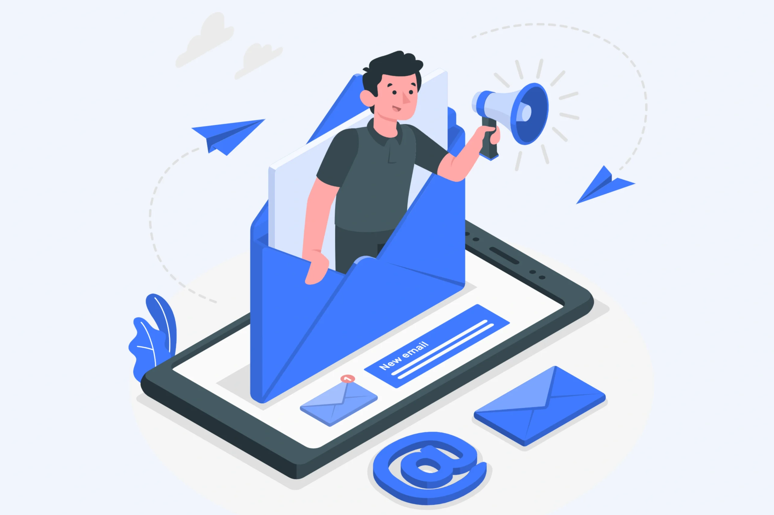 A person holding a megaphone emerges from a large envelope on a smartphone screen, symbolizing the power of Email Marketing. Surrounding elements include paper planes, an envelope icon, and an @ symbol, all in shades of blue, representing digital communication.