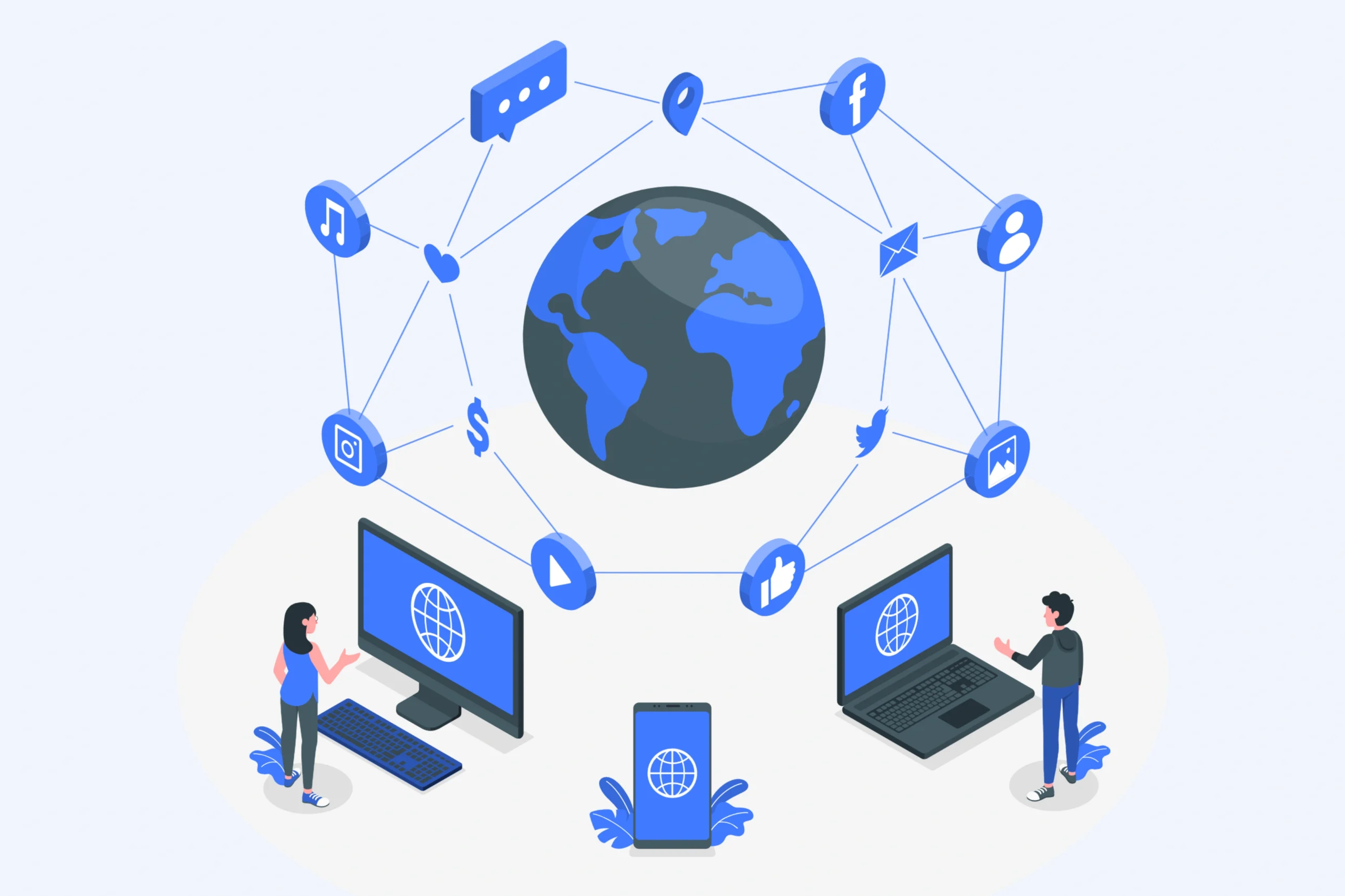 An illustration of a global communication network highlights the central globe, surrounded by icons such as music, chat, and social media. Two people engage with computers and laptops, while a smartphone connects to the globe, symbolizing B2B and B2C marketing through Internet Marketing Services.