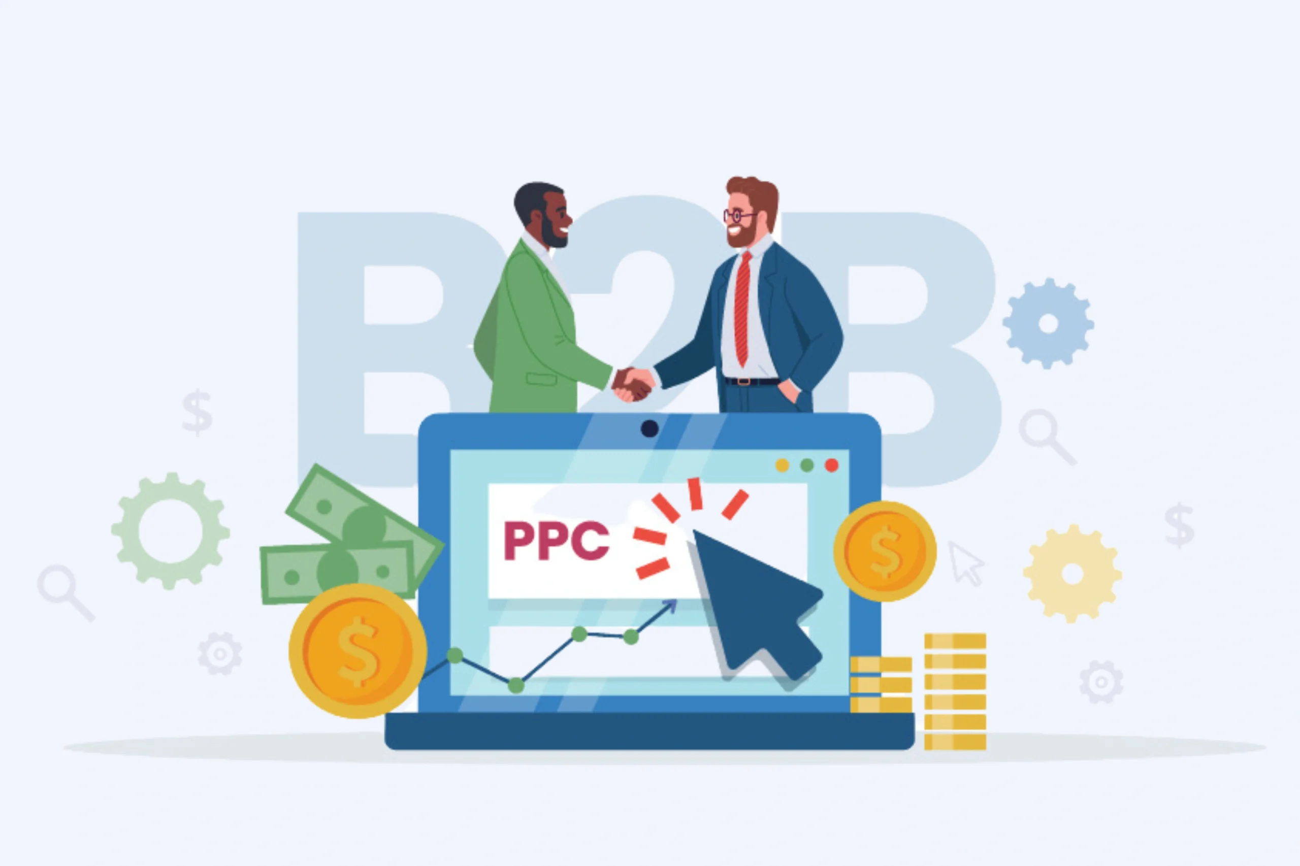 An illustration of two businesspeople shaking hands in front of a large B2B text. Below them is a laptop displaying PPC Services for E-Commerce, a graph with an upward trend, and a cursor. Surrounding them are dollar signs, coins, stacks of money, and gear icons.