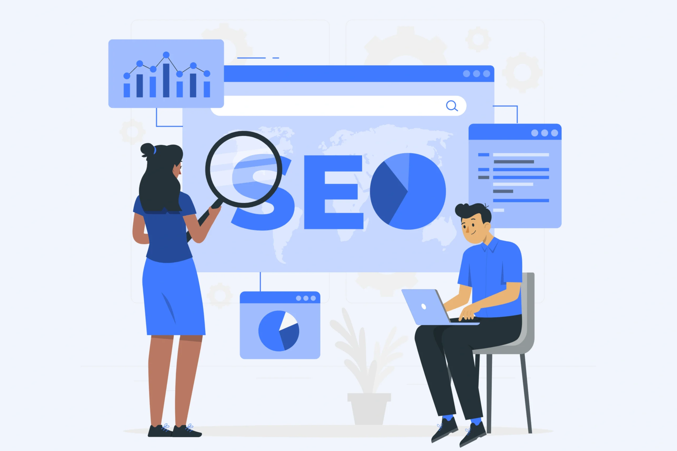 Illustration of two people working on organic search optimization. A woman stands with a magnifying glass examining a large SEO text, while a man sits with a laptop. Charts and graphs in the background symbolize data analysis and optimization essential for effective SEO services for businesses.
