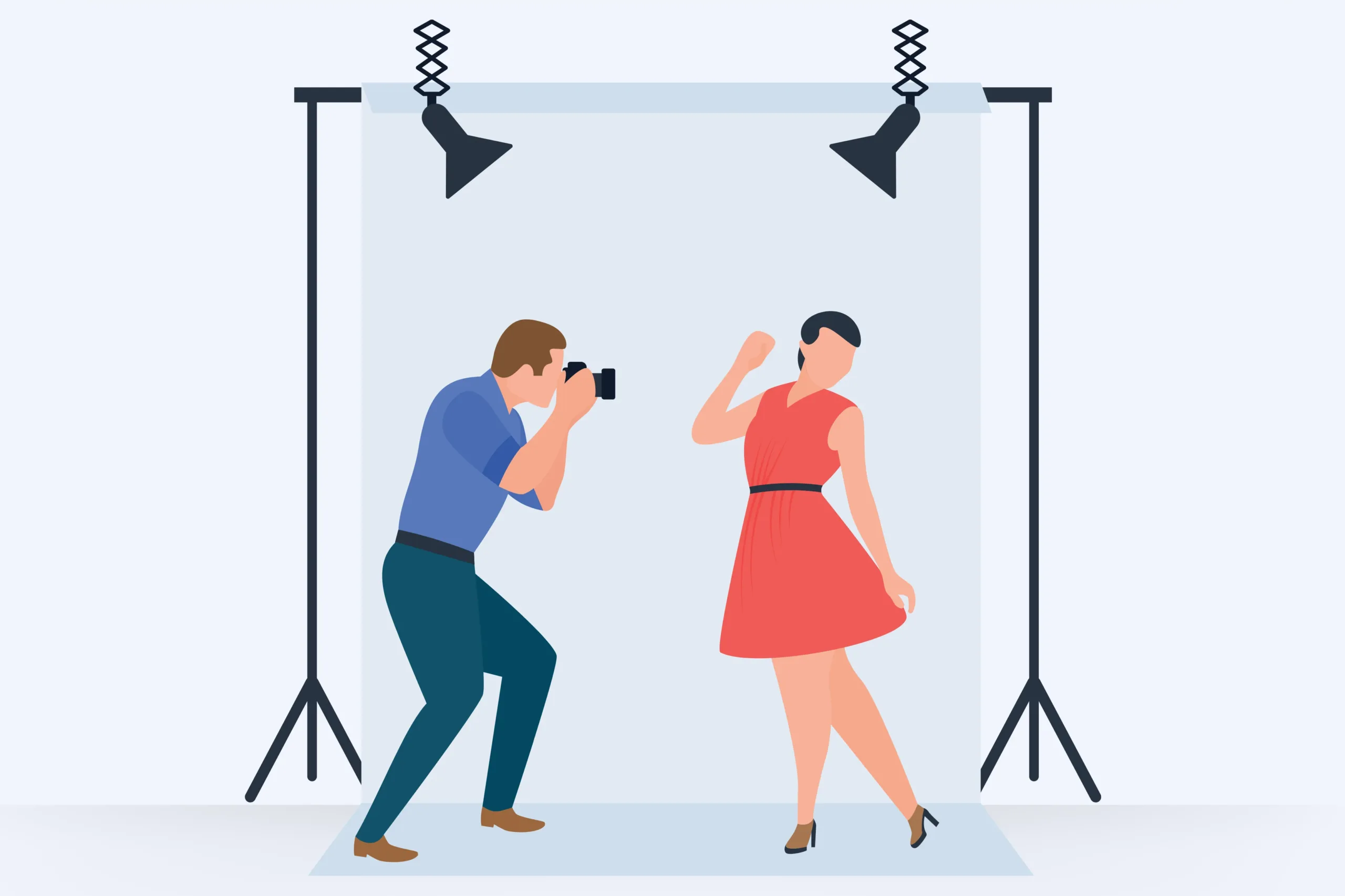 Illustration of fashion photography in Delhi: a photographer captures a model posing in a red dress with black shoes. The photographer, dressed in a blue shirt, skillfully uses their camera amidst studio lights set up to perfect this stylish lookbook shoot.