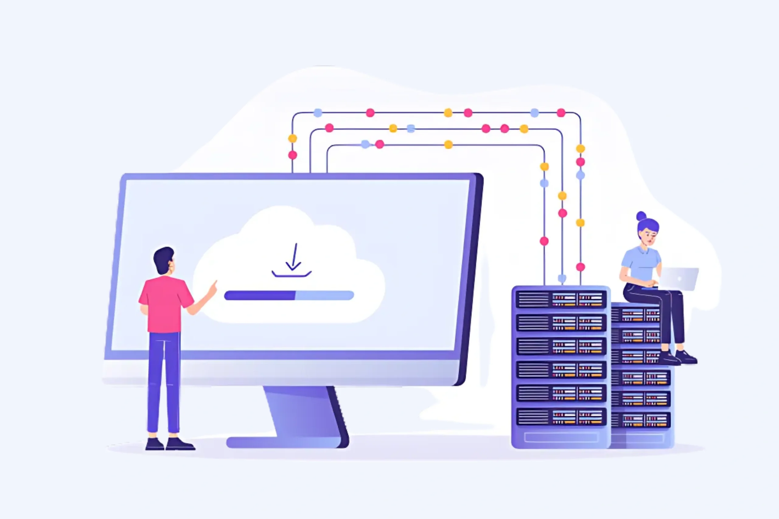 Illustration of a person using a large computer displaying a downloading cloud icon, highlighting web hosting services. Nearby, another individual sits on a stack of servers with a laptop. Colorful lines connect the computer to the servers, illustrating data flow.