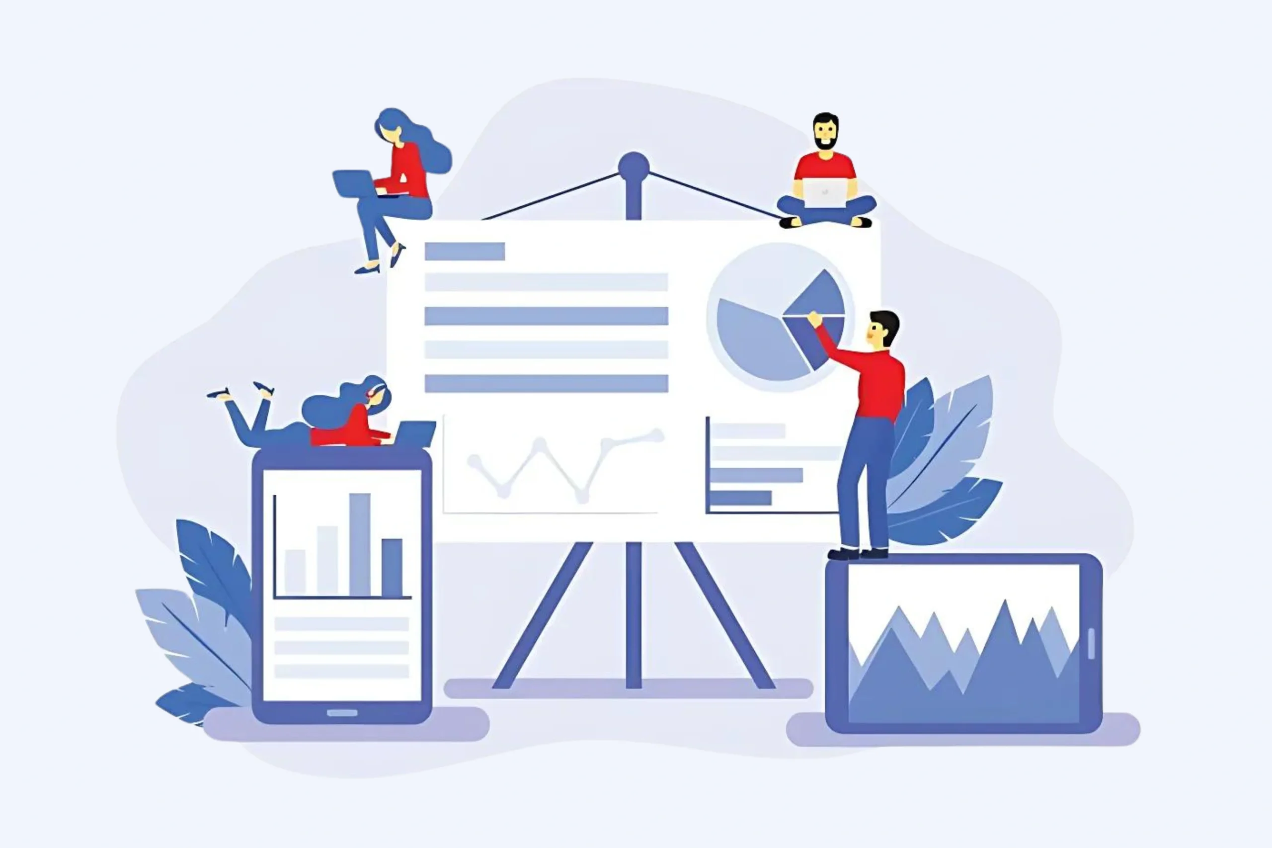 Illustration of people engaging with business intelligence as they interact with data charts and graphs. A large board displays a pie chart and bar graph, while individuals sit and stand around it, working on laptops and tablets, symbolizing teamwork in data analysis.