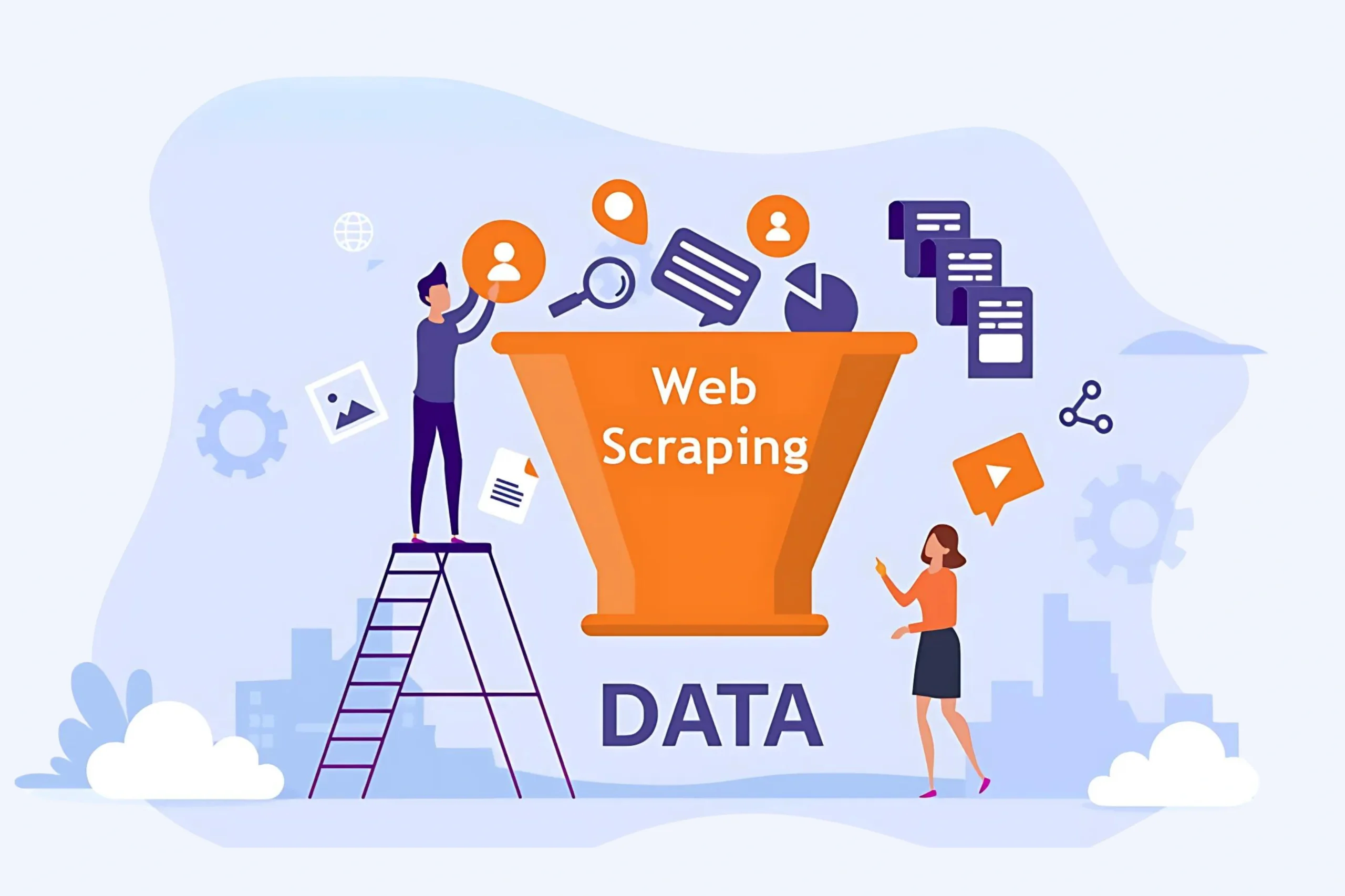 An illustration of two people interacting with a large funnel labeled Web Scraping Services that leads to Data. Symbols like graphs, search icons, and documents surround the funnel. A ladder and digital elements add depth against a cityscape background.