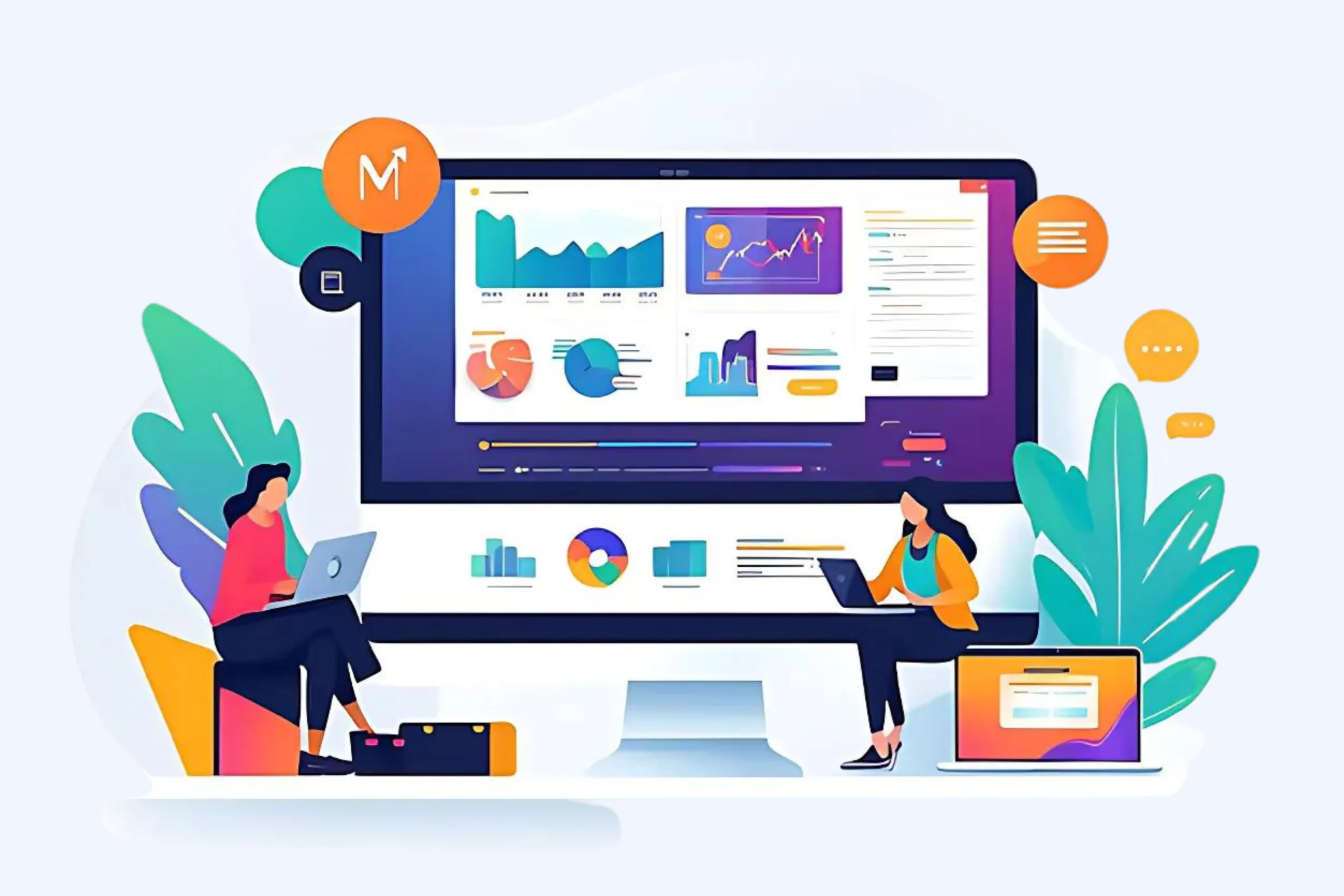 Two people work on laptops in front of a large screen displaying colorful charts and graphs, illustrating a modern digital workspace. Surrounded by stylized plants and floating icons, the scene conveys cutting-edge Web Development and design services at its best.