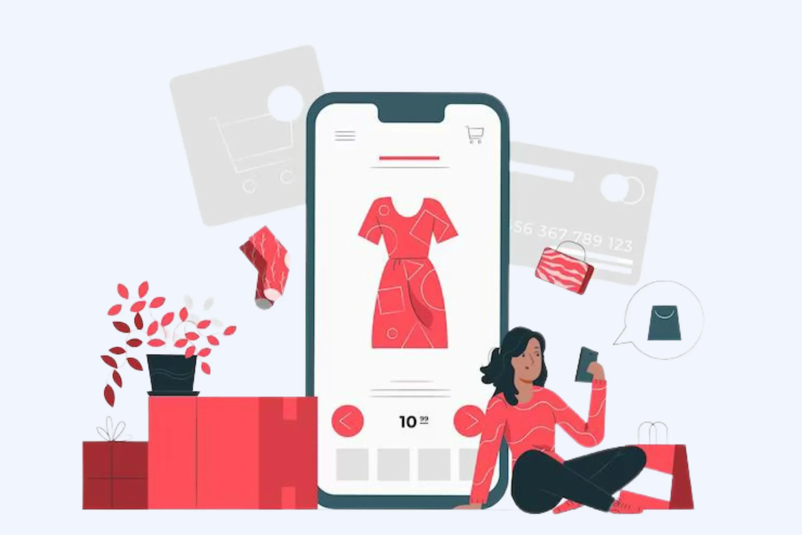 An illustration of a woman using her smartphone, immersed in a shopping app with Myntra Advertising Services, showcasing a red dress. Surrounding elements include shopping bags, a plant, and abstract credit card and shopping cart graphics.