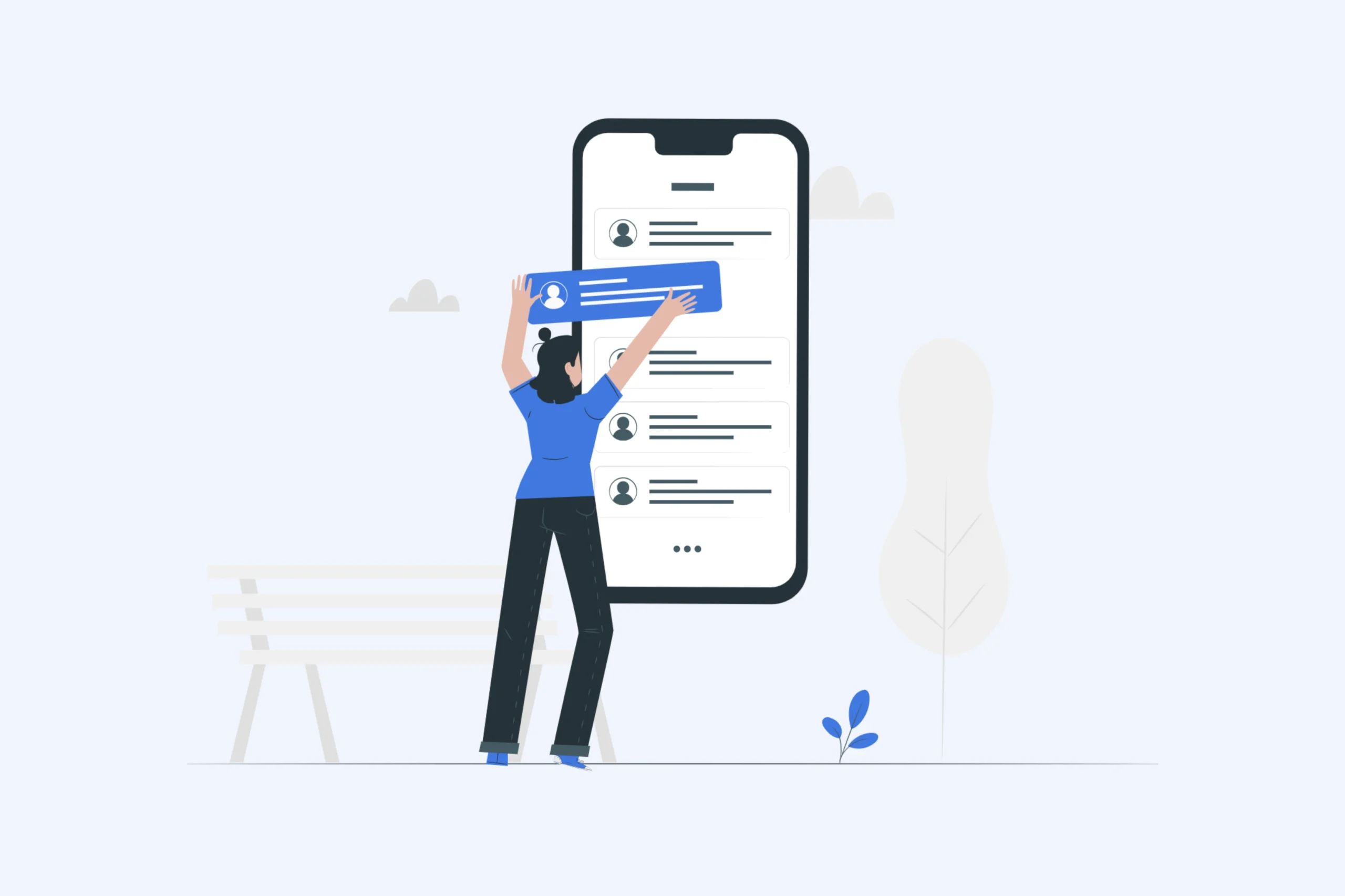 An illustration of a person standing before a large smartphone displaying a social media feed. They're placing a new post at the top, akin to leveraging online classified services for maximum visibility. In the background, there’s a park bench and stylized trees.