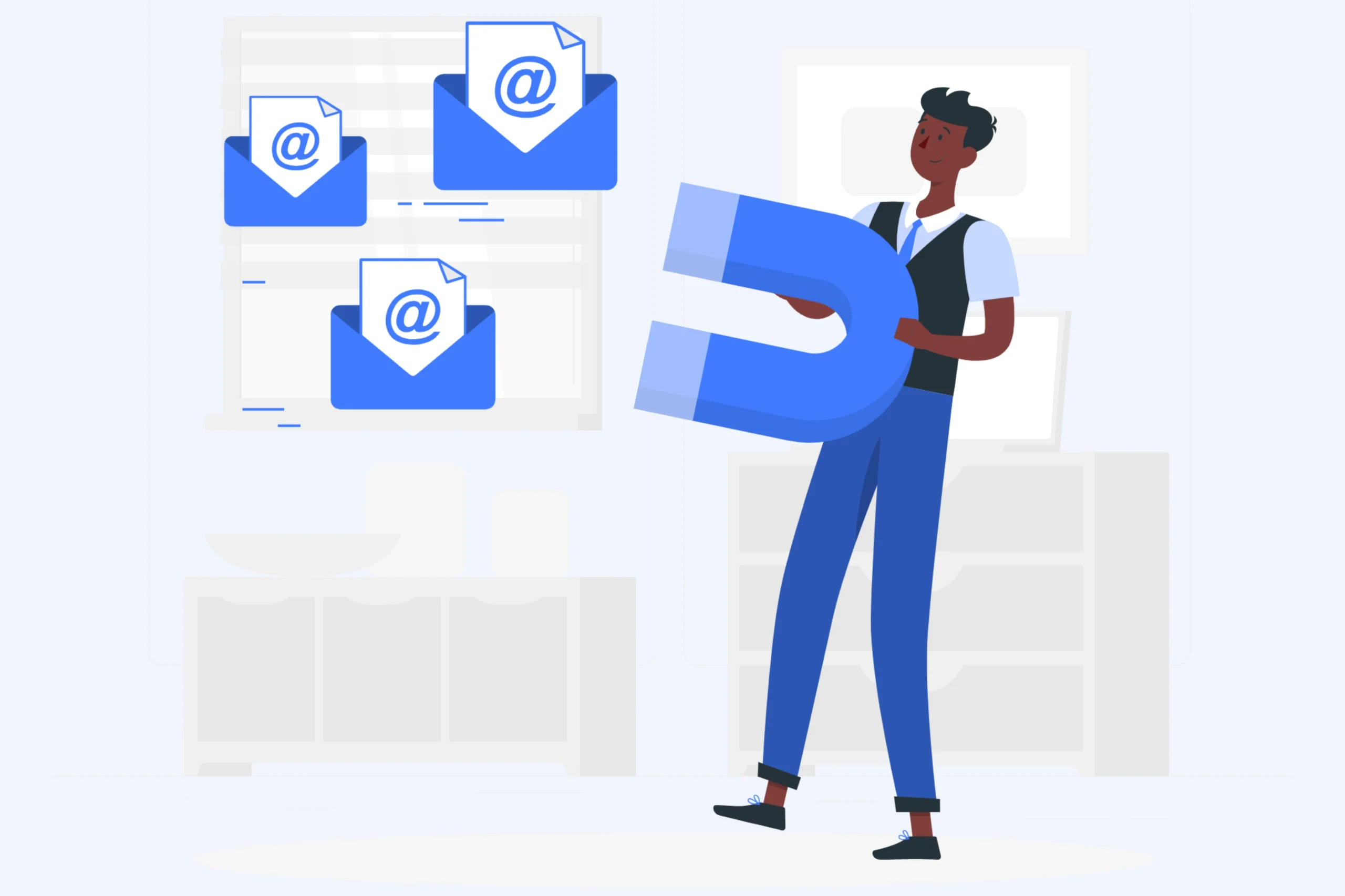 An illustrated person holding a large magnet attracts three envelope icons with @, symbolizing effective email lead generation. The background features blurred office elements in muted colors, emphasizing the strategic allure of targeted communication.