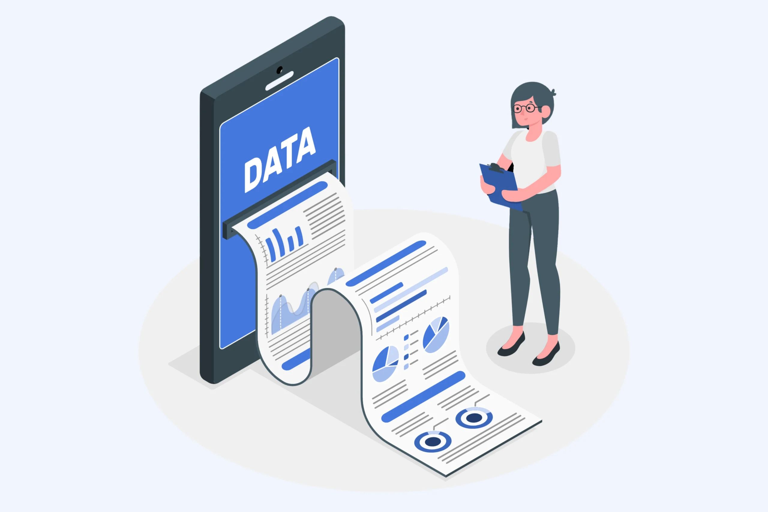 Illustration of a woman holding a notebook, observing a large paper report emerging from a giant tablet labeled DATA. The report, enhanced by Document Conversion Services, showcases various charts and graphs.