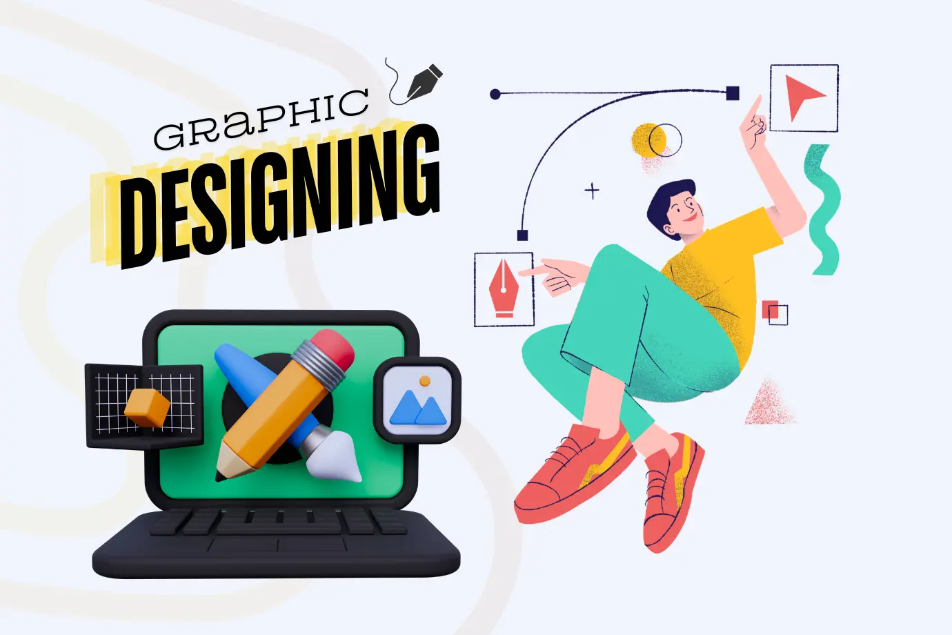 Illustration of graphic design concepts. A person interacts with design elements, such as arrows and shapes, near a screen displaying art tools like pencils and brushes. The words Graphic Design are prominently displayed, showcasing the vibrancy of graphic designing services in Delhi.