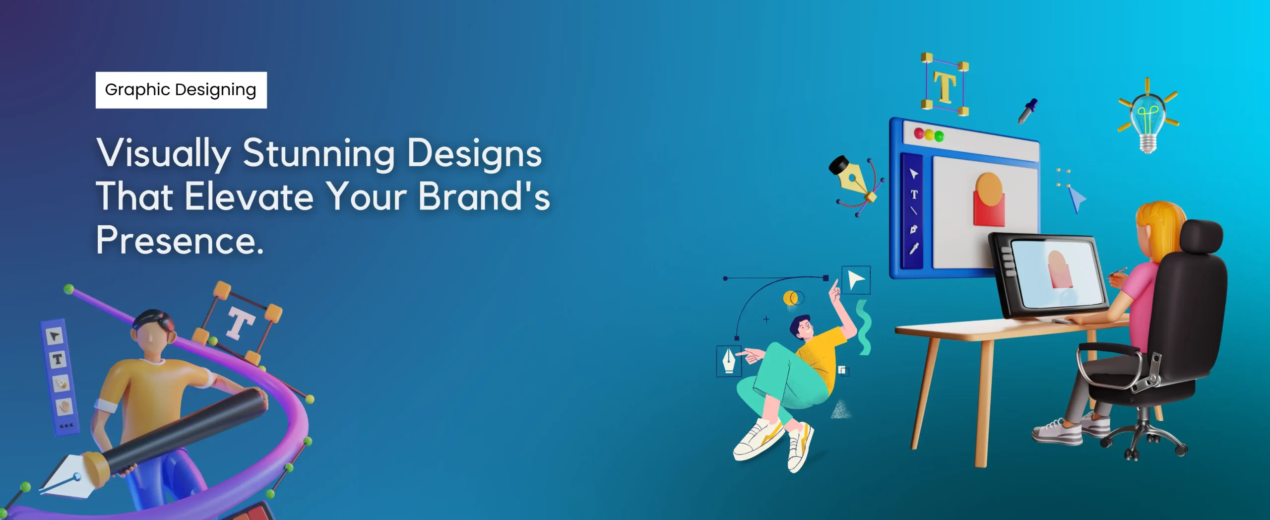 Illustration of two people working on graphic design. One sits at a computer, while the other sketches. Text reads: Graphic Designing Services in Delhi – Visually stunning designs that elevate your brand's presence. Various design tools float around them.